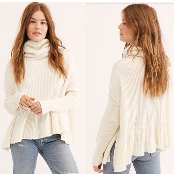 Free People Layer Cake Ivory Cream Funnel Neck Swing Cotton Blend Sweater M L XL - Picture 1 of 13